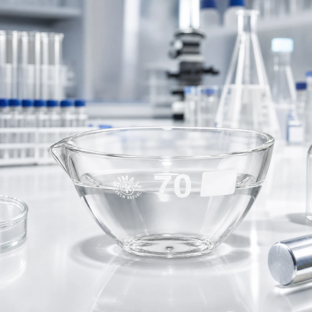 60ml odpařovací miska s výlevkou borosilikátová ø70mm 60ml Abdampfschale mit Ausguss aus optisch klarem Borosilikatglas für genaue Beobachtungen im Labor