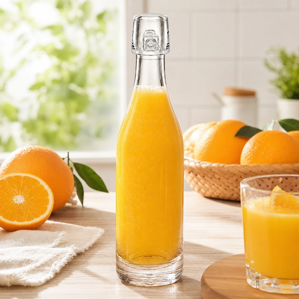Skleněná lahvička 50 ml bez otočného uzávěru UNiTWIST 50ml Glasflasche UNiTWIST mit Orangensaft befüllt zwischen frischen Orangen heller Küche Fensterlicht