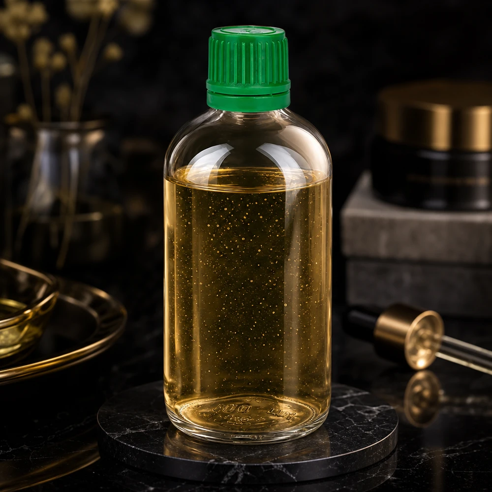 100ml láhev 11mm šroubovací uzávěr zelený uzávěr s ochranou proti manipulaci ClearLine UT18/100 Zylindrische 100ml ClearLine Flasche UT18 grüner OV 11mm SV mit schimmerndem Öl befüllt