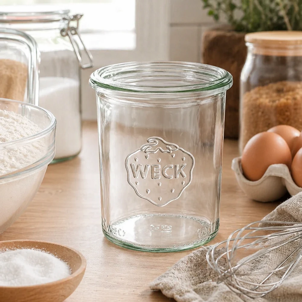 160ml zavařovací sklenice WECK RR60 s dřevěným dřevem 160ml WECK Sturzglas RR60 aus klarem Glas mit Logo in moderner Küche neben Eiern und Backzutaten