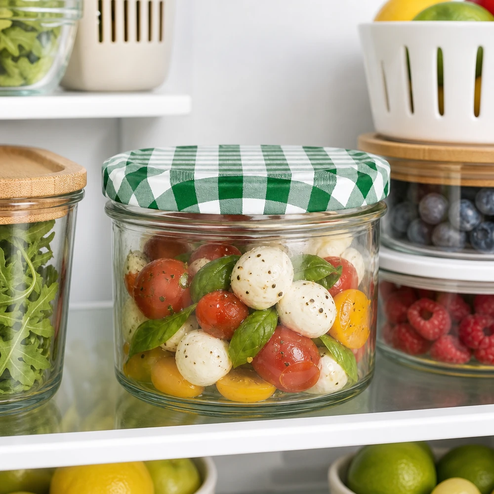 225ml kelímky + víčko BasicSeal zelená/bílá UNiTWIST. 225ml Sturzglas mit grün-weißem Karodeckel gefüllt mit Caprese-Salat im Kühlschrank zwischen anderen Vorratsgläsern