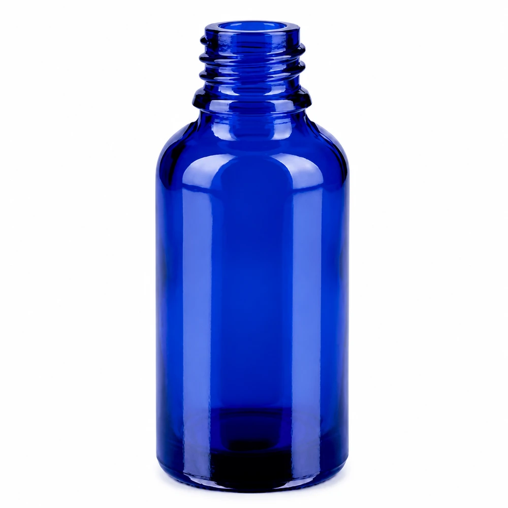 30ml láhev 11mm šroubovací uzávěr zelený uzávěr BlueLine UT18/30. Handliche blaue 30ml Flasche mit grünem OV-System für präzise Dosierung
