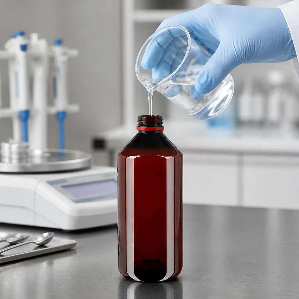 Laborant plní hnědou PET láhev o objemu 1000 ml průhlednou kapalinou z kádinky