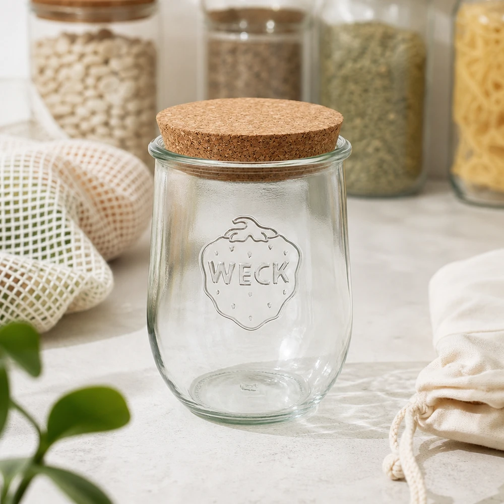 1062ml tulipánová sklenice WECK RR100 s korkem přírodní WECK Einmachglas RR100 1062ml mit Korkdeckel in nachhaltiger Zero-Waste Küche zwischen Vorratscontainern