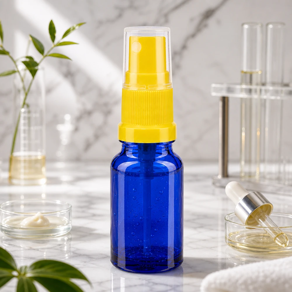 10ml lahvička s rozprašovačem žlutá/transparentní standardní uzávěr BlueLine UT18/10 Nachfüllbare 10ml Glassprayflasche mit feinem Sprühnebel BlueLine UT18 10 für Naturkosmetik