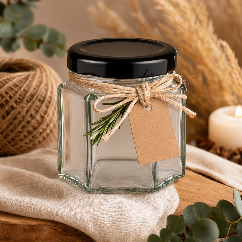47ml šestihranná sklenice s víčkem BasicSeal černá UNiTWIST. 47ml Hexaglas mit schwarzem Deckel dekorativ mit Juteband und Kräuterzweig als Geschenkverpackung inszeniert