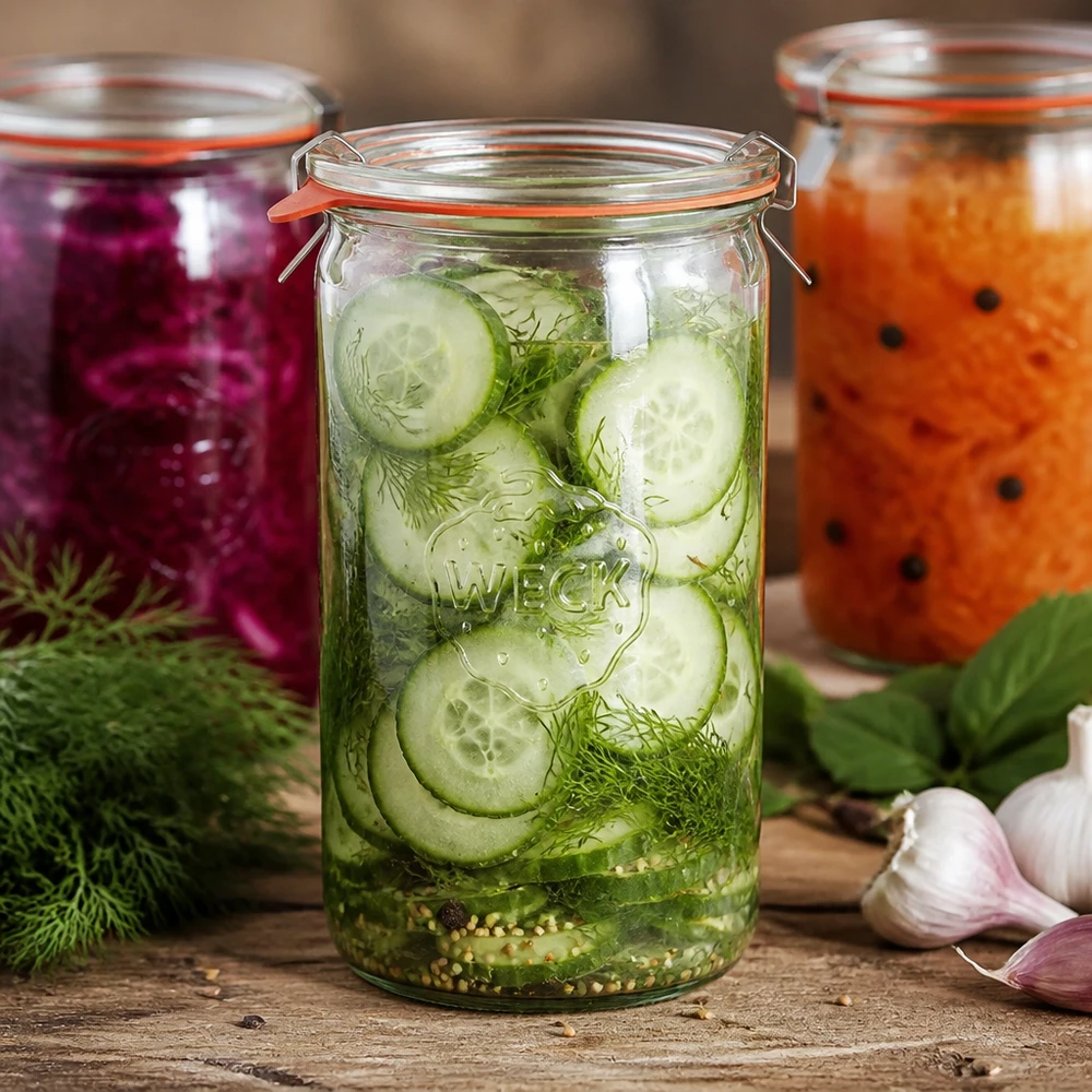 Kompletní 1590ml válcová sklenice WECK RR100 s čerstvostí. WECK Zylinderglas 1590ml RR100 mit eingelegten Gurkenscheiben Dill Gewürzen fermentiertes Gemüse Konservierung