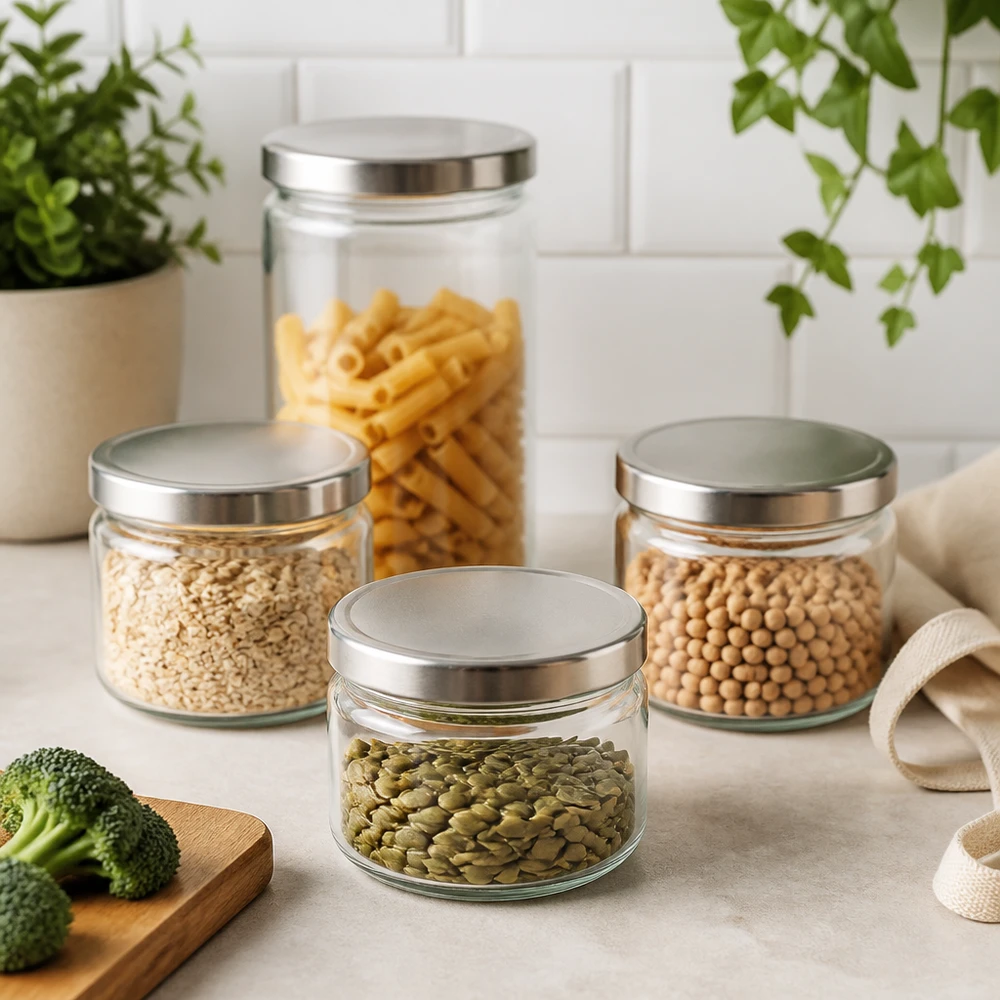 330ml Rundglas mit BasicSeal Deckel in moderner Küchenszene mit Pasta Linsen Kichererbsen Kürbiskernen Vorratsgläser Set