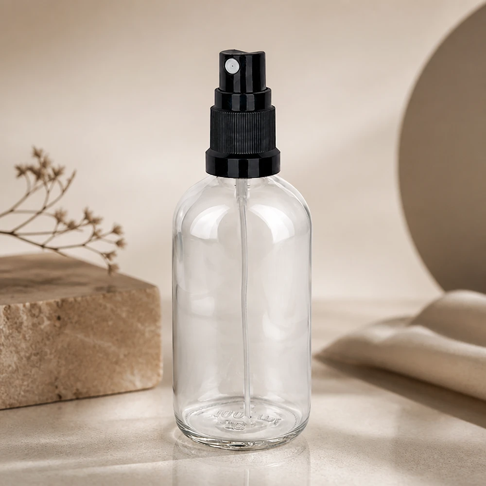 100ml lahvička s rozprašovačem černá/transparentní standardní uzávěr ClearLine UT18/100 Leere Glasflasche 100ml mit schwarzem Feinnebel-Zerstäuber ClearLine Serie UT18 Standardmündung