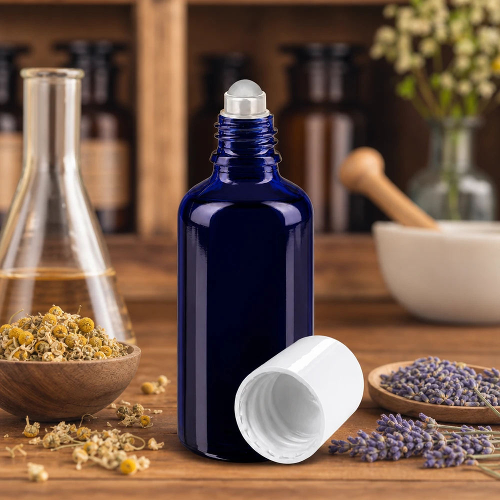 Lékárenská lahvička modrá 50ml roll-on uzávěr bílý UV-Schutz Apothekerglasflasche 50ml blau mit Rollkugelaufsatz für ätherische Öle und Naturkosmetik