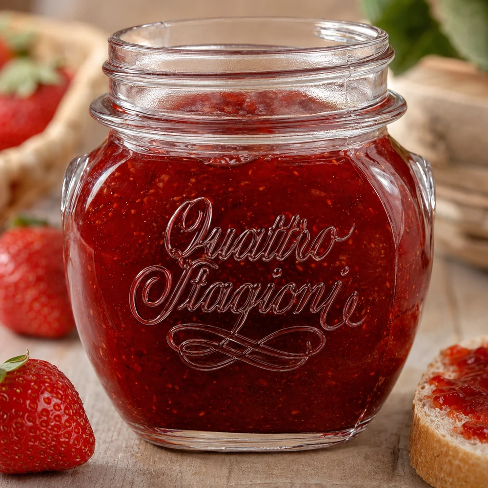 Kulatá sklenice 300ml "Quattro Stagioni" QS70mm 300ml Quattro Stagioni Haushaltsglas mit Erdbeermarmelade gefüllt neben frischen Erdbeeren und Brot auf Holztisch