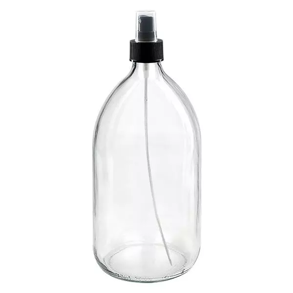 1000ml lahvička na léky čirá, s rozprašovačem s pumpičkou černá ApoGlas