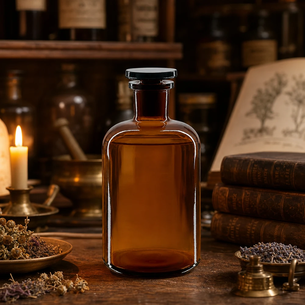 Láhev s kulatým ramenem 500ml hnědá úzké hrdlo skleněná zátka Vintage Apothekerglasflasche 500ml braun Rundschulter Enghals mit Glasverschluss