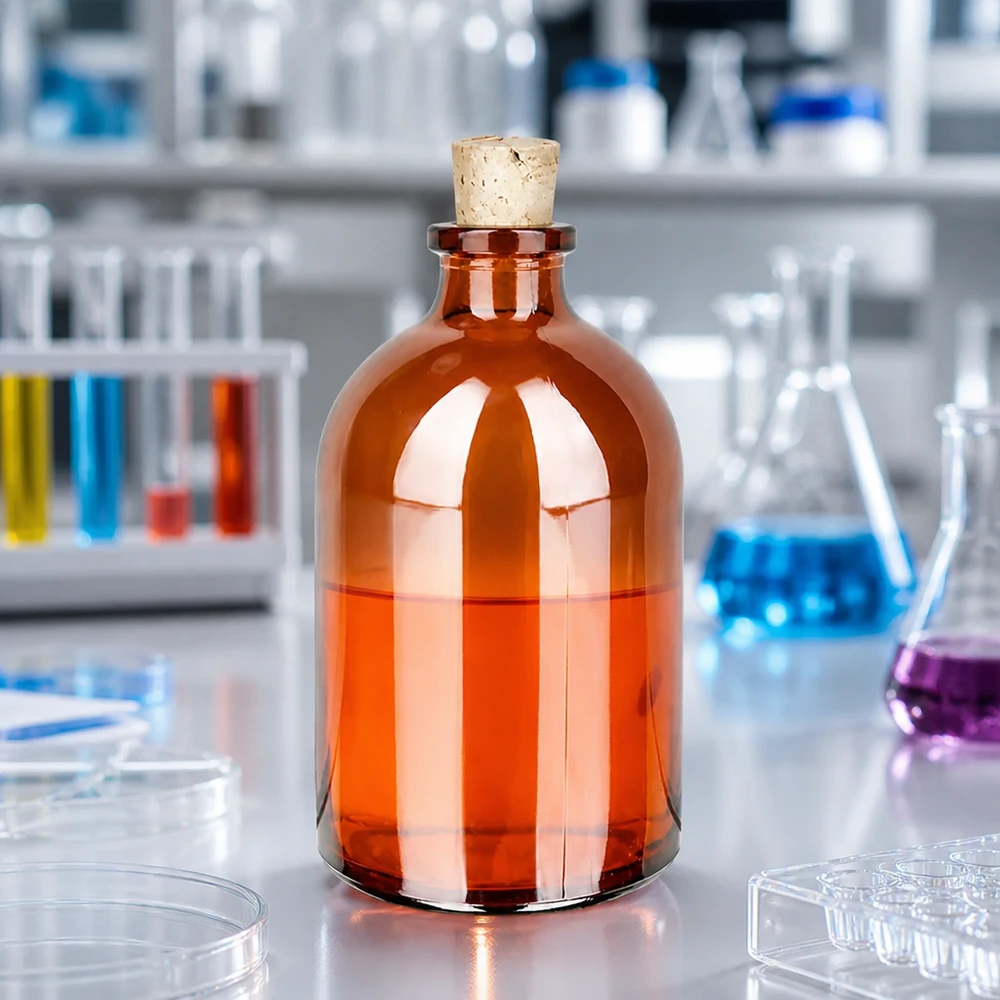 Jantarová skleněná láhev 100ml se zátkou 11/14mm Klassische Apothekerflasche aus Braunglas 100ml mit herausnehmbarem Naturkorken 11/14mm