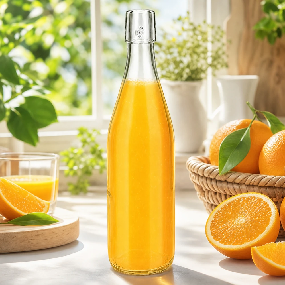 500ml UNiTWIST Glasflasche mit frischem Orangensaft auf sonniger Fensterbank mit Orangen und Glas im Landhausstil