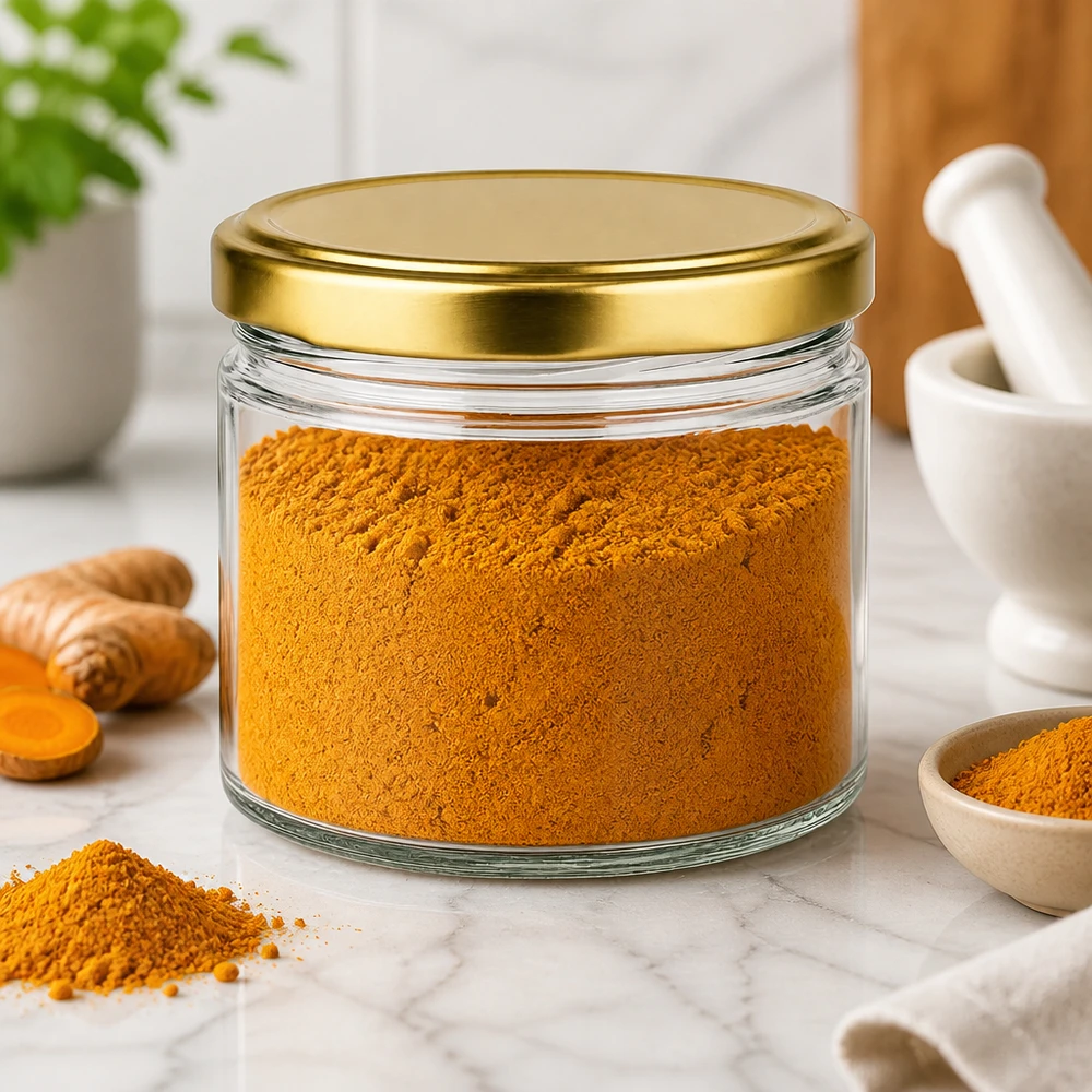 540ml kulatá sklenice s víčkem BasicSeal zlatá UNiTWIST 540ml Rundglas mit BasicSeal Deckel gold befüllt mit Kurkuma Pulver auf Marmor Arbeitsplatte Küchen Ambiente
