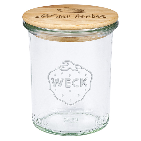 Couvercle en bois "Sel aux herbes" avec WECK verre renversé Couvercle en bois "Sel aux herbes" avec WECK verre renversé