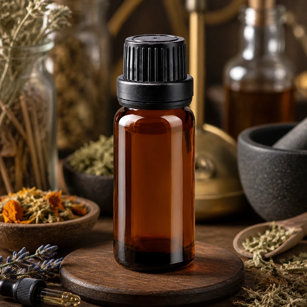 Dunkle 10ml Tropfflasche aus UV-Schutzglas mit schwarzem Originalitätsverschluss und 2mm Einsatz
