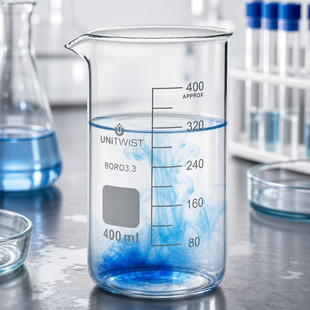 UNITWIST Becherglas 400ml hohe Form mit beschriftbarem Etikettenfeld und präziser Volumenskalierung