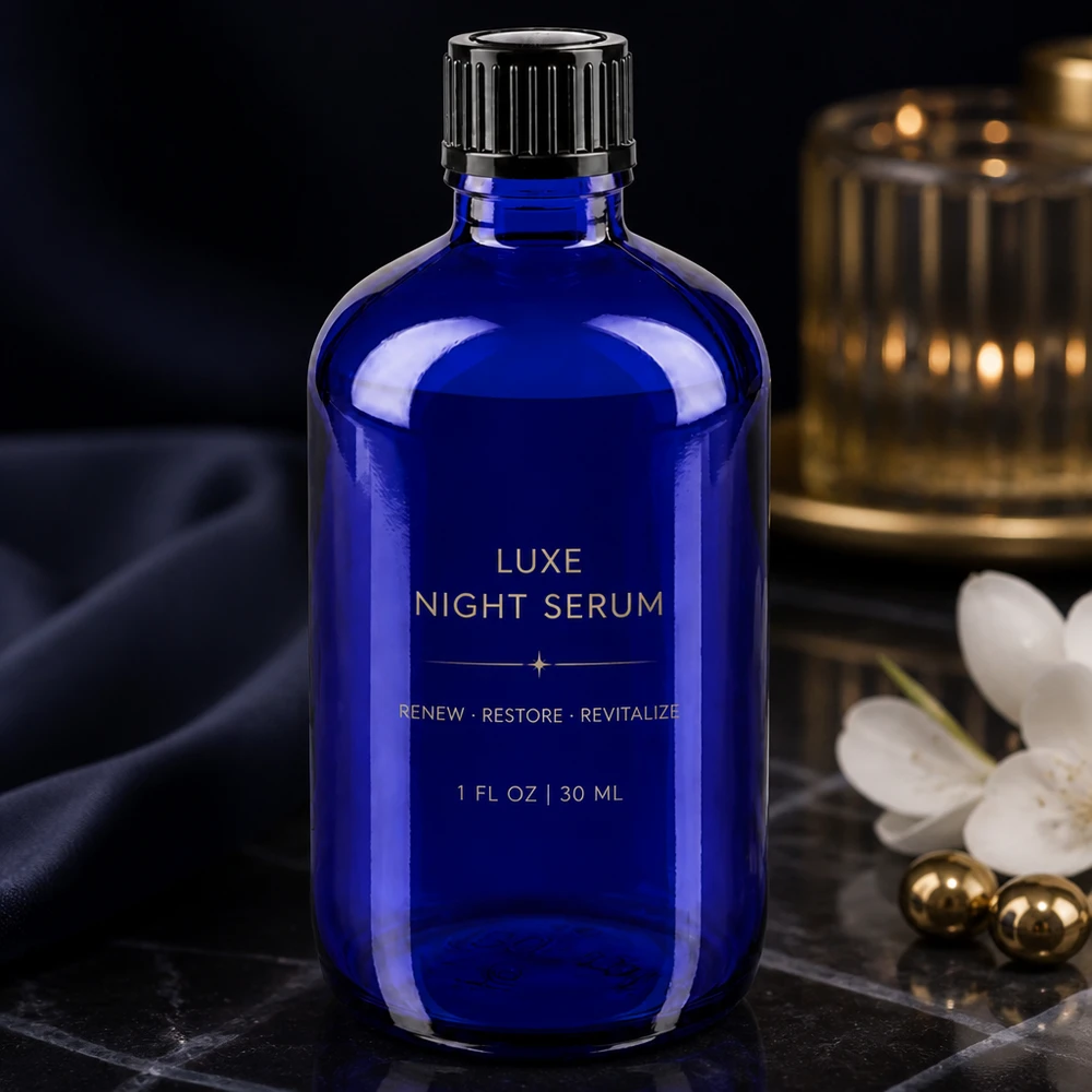 Lékárenská láhev modrá 100ml šroubovací uzávěr černá standardní Dunkelblaue Apothekerflasche 100ml geriffelte Verschlusskappe neben weißer Blüte und Kerze