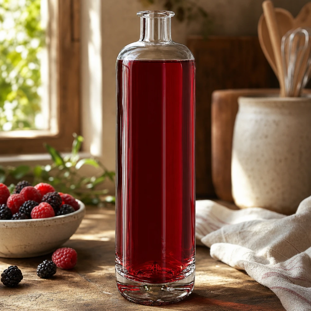 700ml Glasflasche "Eleganz" ohne Verschluss UNiTWIST® 700ml Glasflasche Ella mit rotem Beerensaft gefüllt neben frischen Himbeeren und Brombeeren in rustikaler Küche