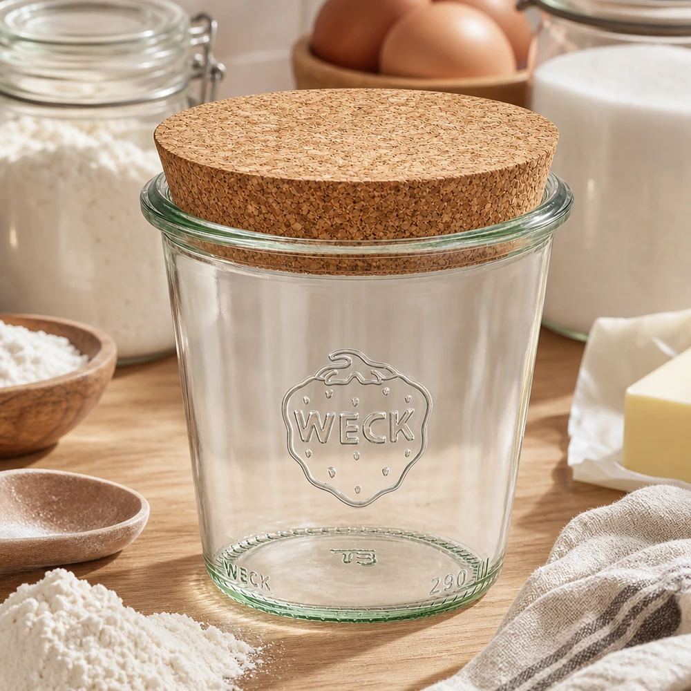 290ml vysoké sklenice WECK RR80 s korkem přírodní WECK Sturzglas 290ml RR80 mit Korkdeckel in Küche umgeben von Backzutaten Mehl Eiern und Milch auf Holzuntergrund
