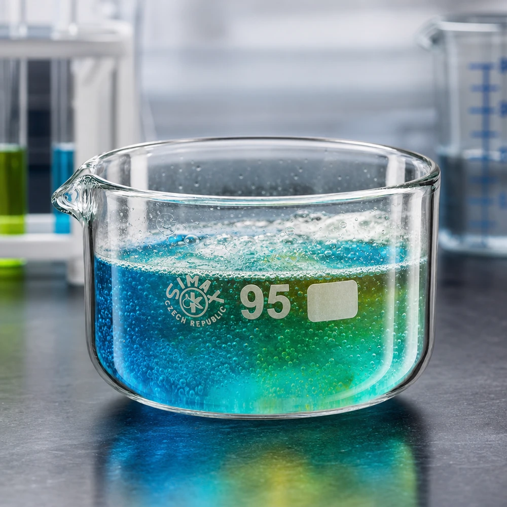 300ml krystalizační miska s borosilikátovou výlevkou ø95mm Kristallisierschale ø95mm 300ml mit aktivem Lösungsvorgang blau-grüner Chemikalien Labor