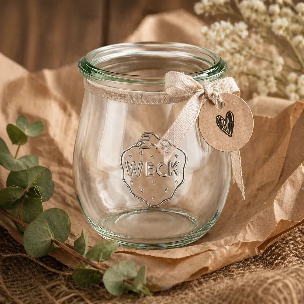220ml tulipánová sklenice WECK RR60 s dřevěným dřevem WECK Tulpenglas 220ml RR60 dekorativ mit Schleifenband und Anhänger auf natürlicher Dekoration aus Eukalyptus