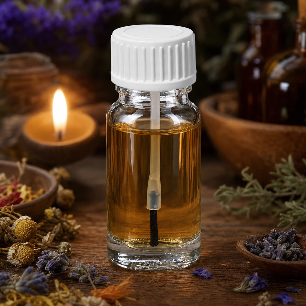 10ml lahvička na kartáčky bílá standardní uzávěr ClearLine UT18/10 Pinselflasche Klarglas 10ml weißer Schraubdeckel neben Lavendel Heilkräutern und Bienenwachskerze
