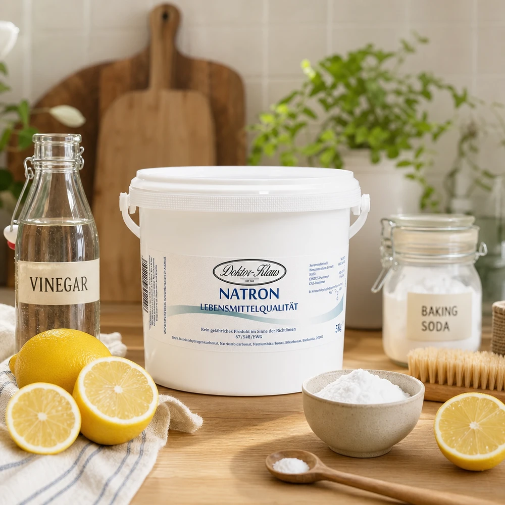 Hydrogenuhličitan sodný 5kg Doktor-Klaus Doktor Klaus 5kg Natron Vorratspackung mit natürlichen Reinigungszutaten auf Arbeitsplatte