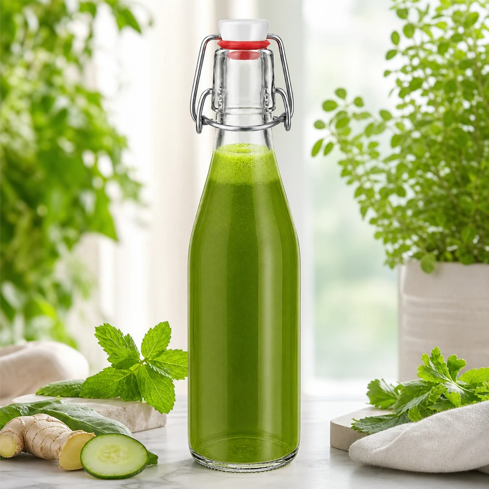 250ml skleněná láhev + výkyvný vršek PVC UNiTWIST 250ml Glasflasche mit Bügelverschluss gefüllt mit grünem Smoothie, Ingwer Gurke Minze Kräuter natürliche Zutaten