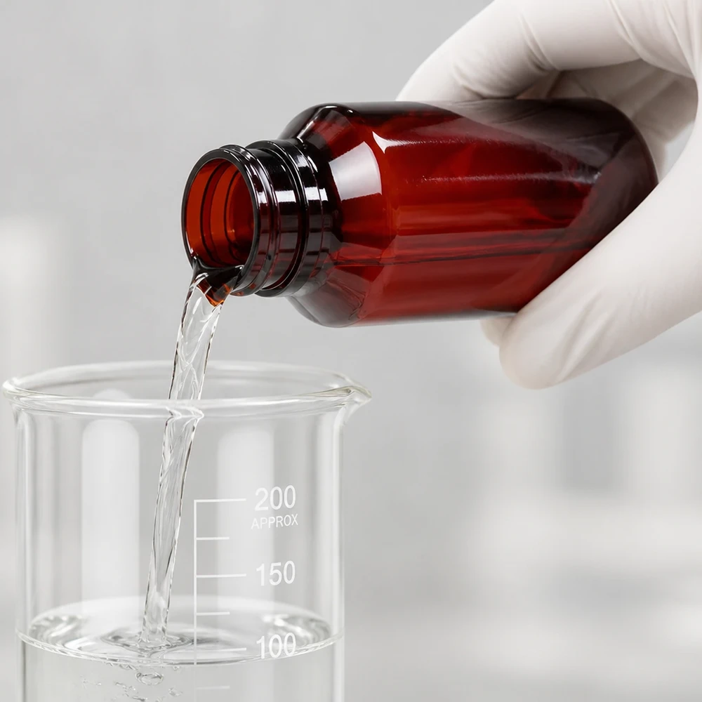 PET láhev 50ml s dávkovací pumpičkou bílá Schutzhandschuh hält braune 50ml Flasche beim kontrollierten Befüllvorgang im Labor