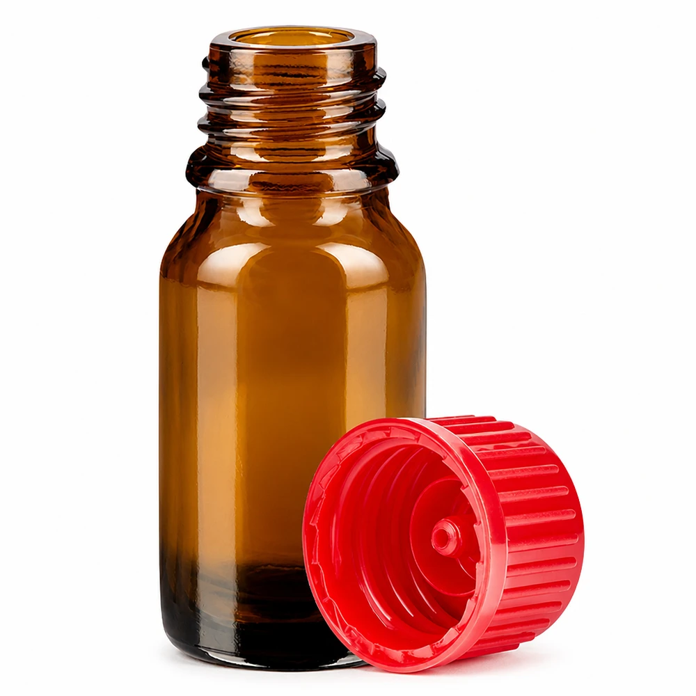 10ml láhev 11mm šroubovací uzávěr červená Standard BrownLine UT18/10 Vielseitige 10ml Glasflasche braun mit rotem Verschluss für Extrakte und Tinkturen