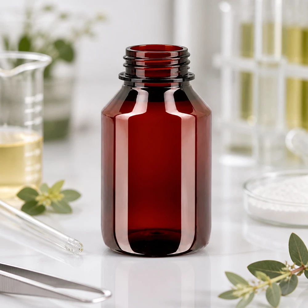 PET láhev 50ml se zeleným uzávěrem, který je odolný proti manipulaci. PET láhev s ochranou proti světlu, 50 ml, hnědá, se zeleným uzávěrem OV pro tekutiny citlivé na UV záření