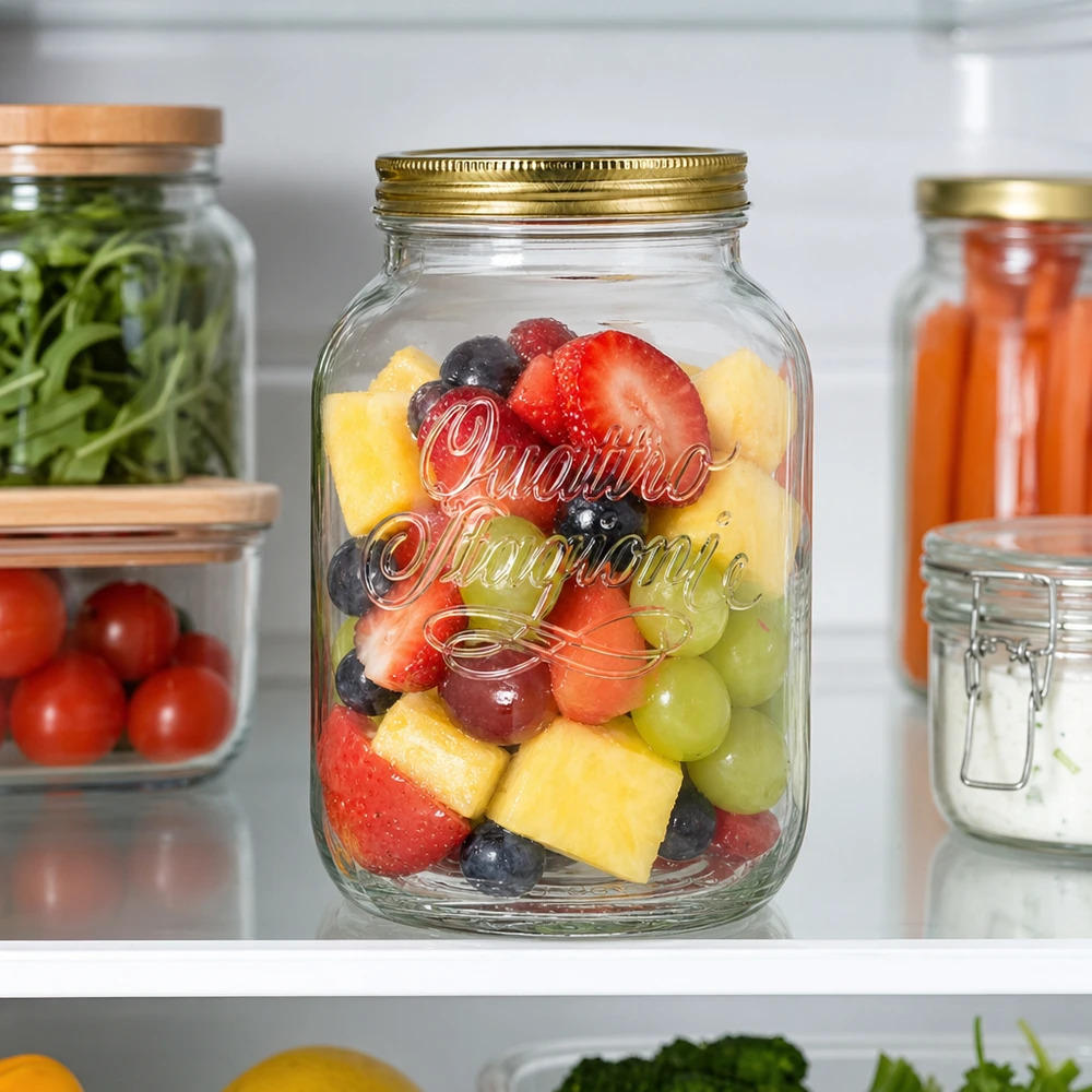 3000ml kulatá dóza "Quattro Stagioni" s víčkem 3000ml Quattro Stagioni Rundglas mit frischem Obstsalat im Kühlschrank neben Gemüse und anderen Vorratsgläsern