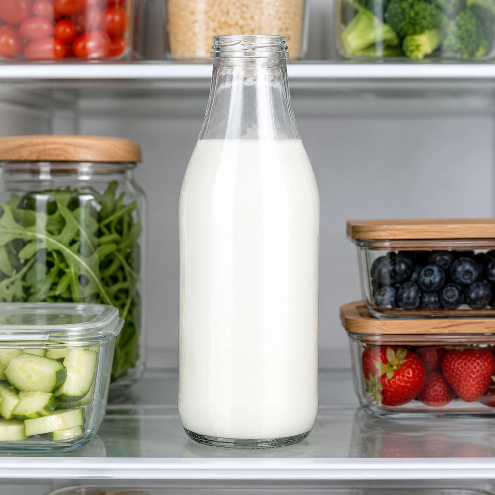Skleněná láhev o objemu 1000 ml bez víčka (TO48) UNiTWIST Milchflasche 1000ml Glas TO48 UNiTWIST mit frischer Milch im Kühlschrank neben Obst und Gemüse Kücheneinsatz