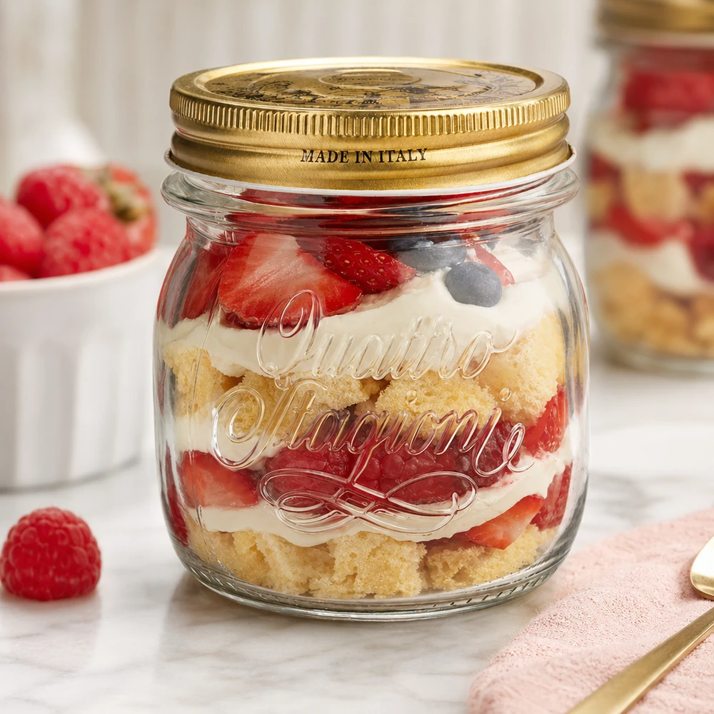 250ml kulatá dóza "Quattro Stagioni" s víčkem 250ml Rundglas Quattro Stagioni mit goldenem Deckel gefüllt mit Schichtdessert aus Erdbeeren und Creme Made in Italy