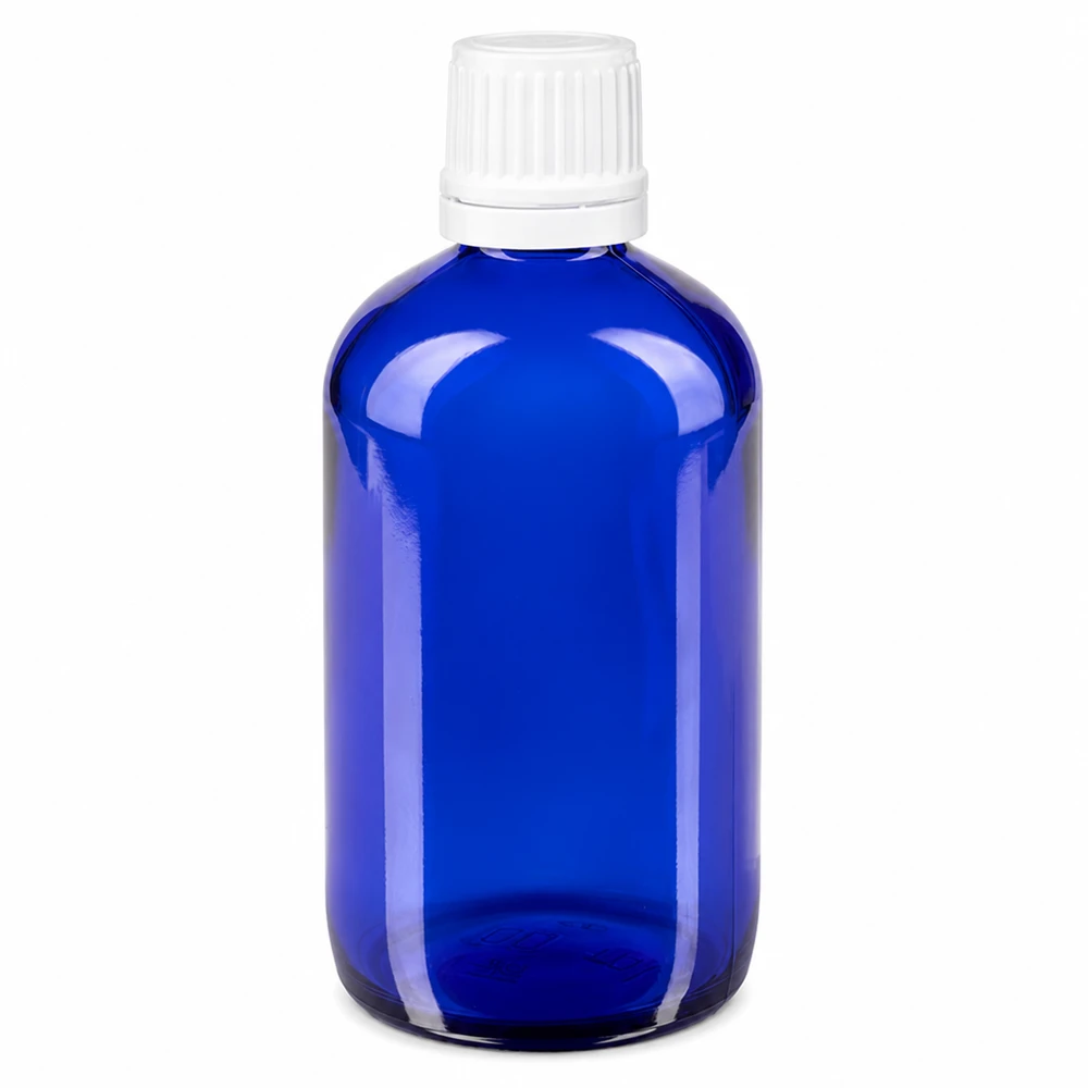 Lékárenská láhev modrá 20ml kapátko bílé uzávěr odolný proti dětem standardní Hochwertige blaue Lichtschutzflasche aus Glas mit kindersicherem Tropfverschluss in weiß