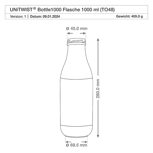 Skleněná láhev o objemu 1000 ml bez víčka (TO48) UNiTWIST Technische Zeichnung 1000ml UNiTWIST Glasflasche mit Maßangaben 260mm Höhe 45mm Halsöffnung TO48 Gewinde