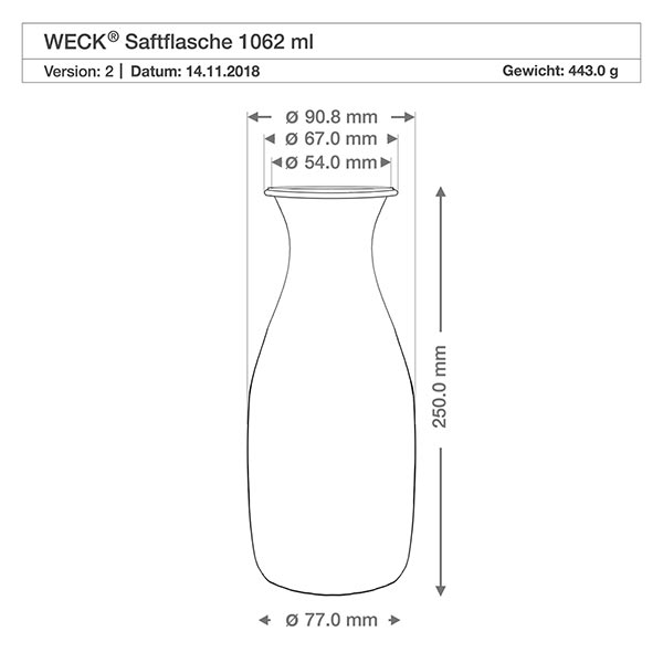 Sada 12 sklenic Weck o objemu 1062 ml na džusy. WECK Saftflasche 1062ml RR60 technische Zeichnung mit Maßangaben Durchmesser Höhe Gewicht Produktspezifikation