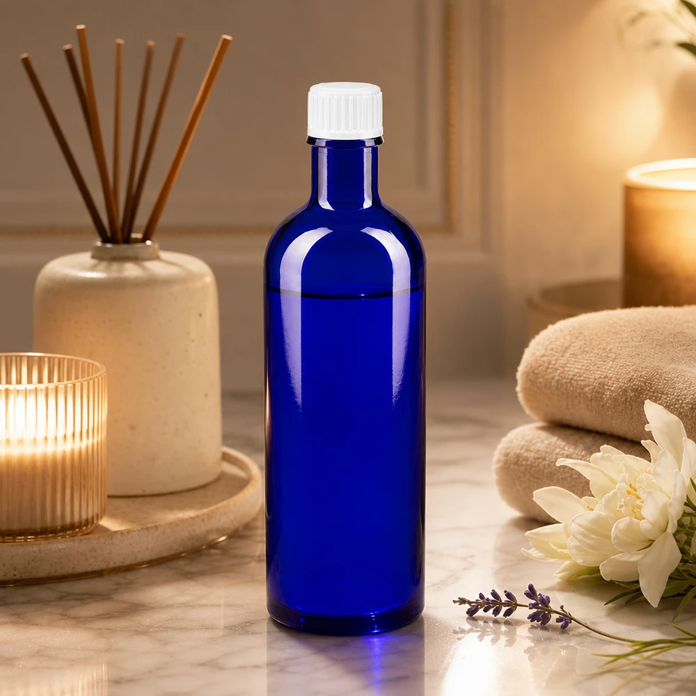 Lékárenská láhev modrá 200ml šroubovací uzávěr bílý stř. Schlanke Apothekerflasche blau 200ml Glas mit weißem Verschluss im Spa-Ambiente