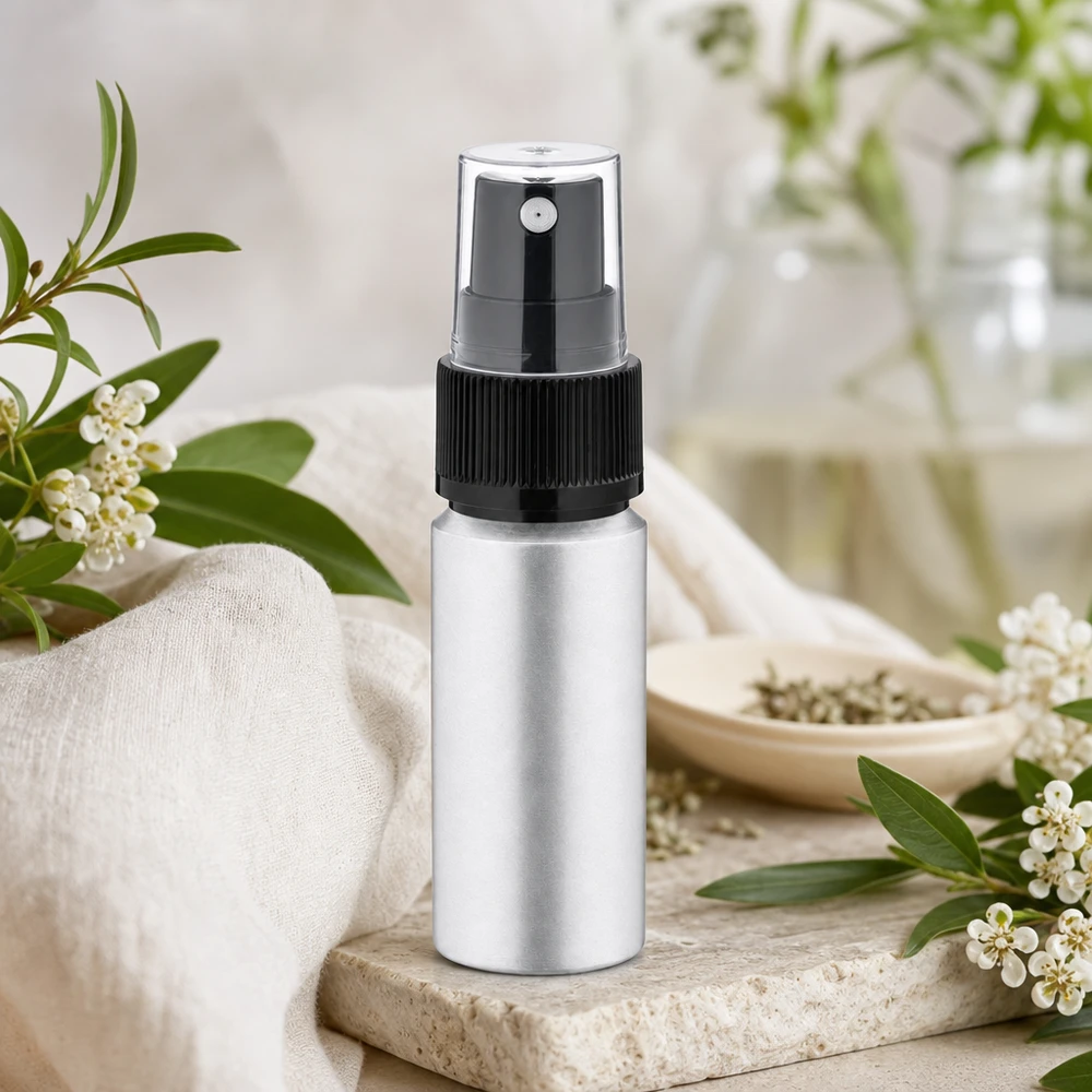 20ml lahvička z leštěného hliníku s rozprašovačem 20ml Aluflasche mit Pumpsprüher in edler gebürsteter Optik für hochwertige Beauty-Produkte