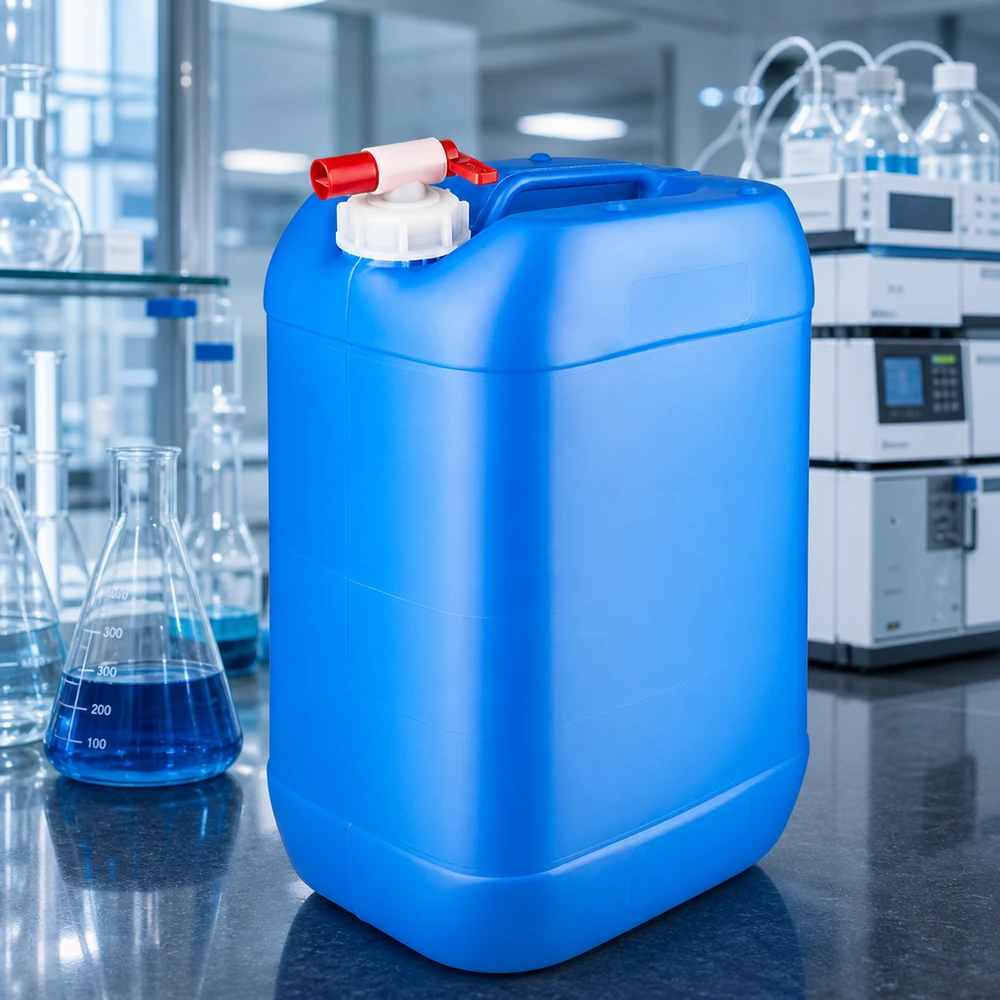 Kanystr 25 litrů modrý s vypouštěcím kohoutem Stapelbarer Kunststoffkanister 25 Liter mit Auslaufhahn für Chemikalien Wasser und Laborbedarf