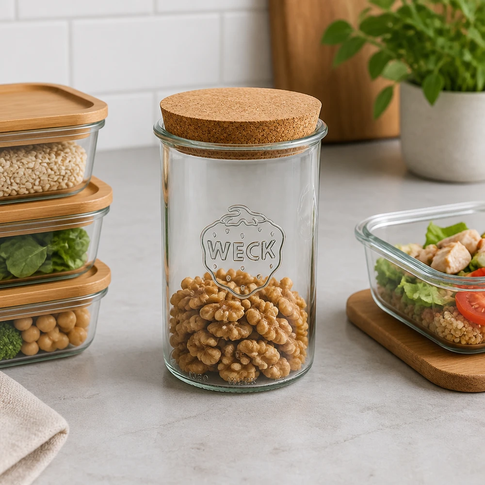 1000ml kelímky WECK RR100 s korkem přírodní WECK Sturzglas RR100 1000ml mit Korkdeckel gefüllt mit Walnüssen moderne Küchenorganisation Vorratshaltung Lifestyle