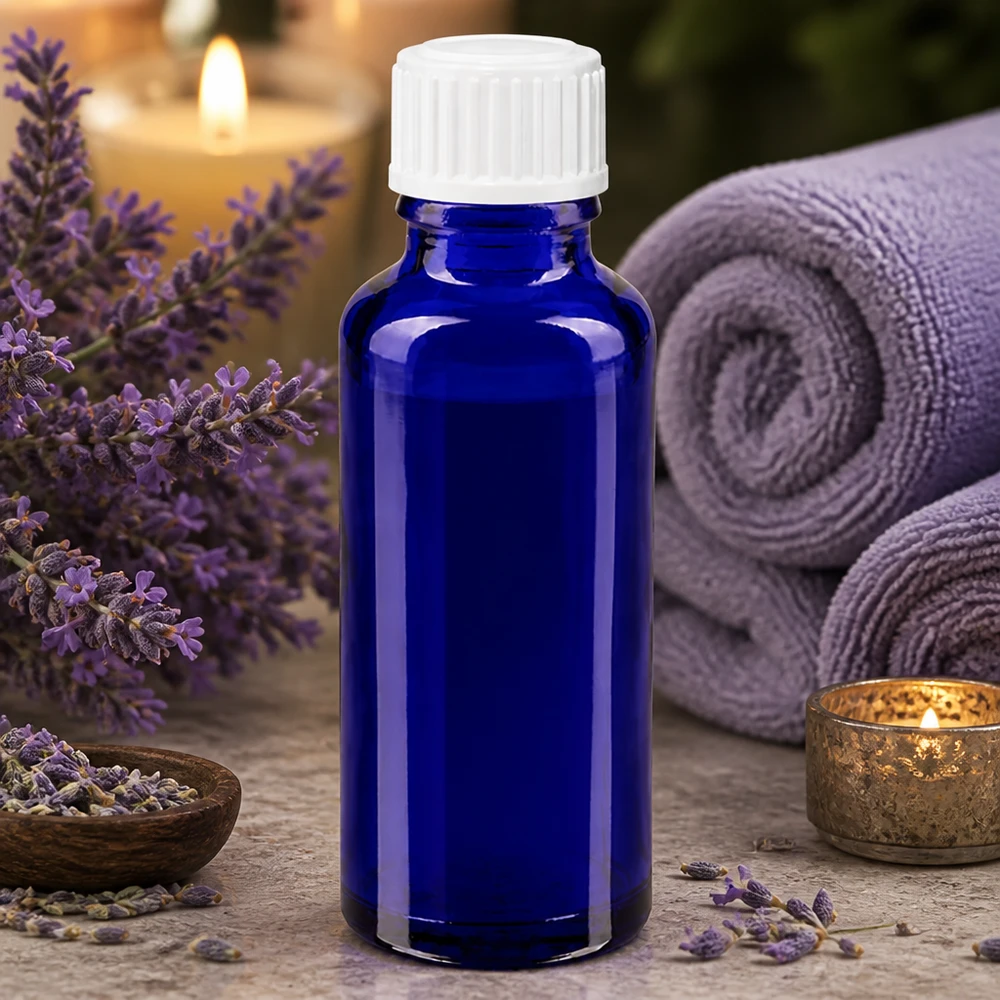 Lékárenská lahvička modrá 30ml šroubovací uzávěr bílý globule standardní Blaue 30ml Standardglasflasche mit weißem Sicherheitsverschluss für Naturkosmetik und Aromatherapie