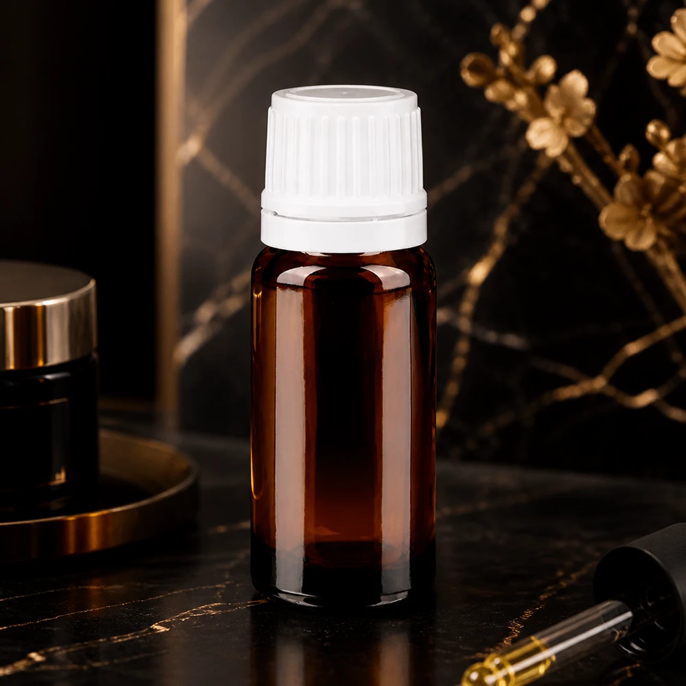 Nachfüllbare 10ml Braunglas Aromaflasche mit weißem Tropfverschluss und 0,7mm Dosierspitze