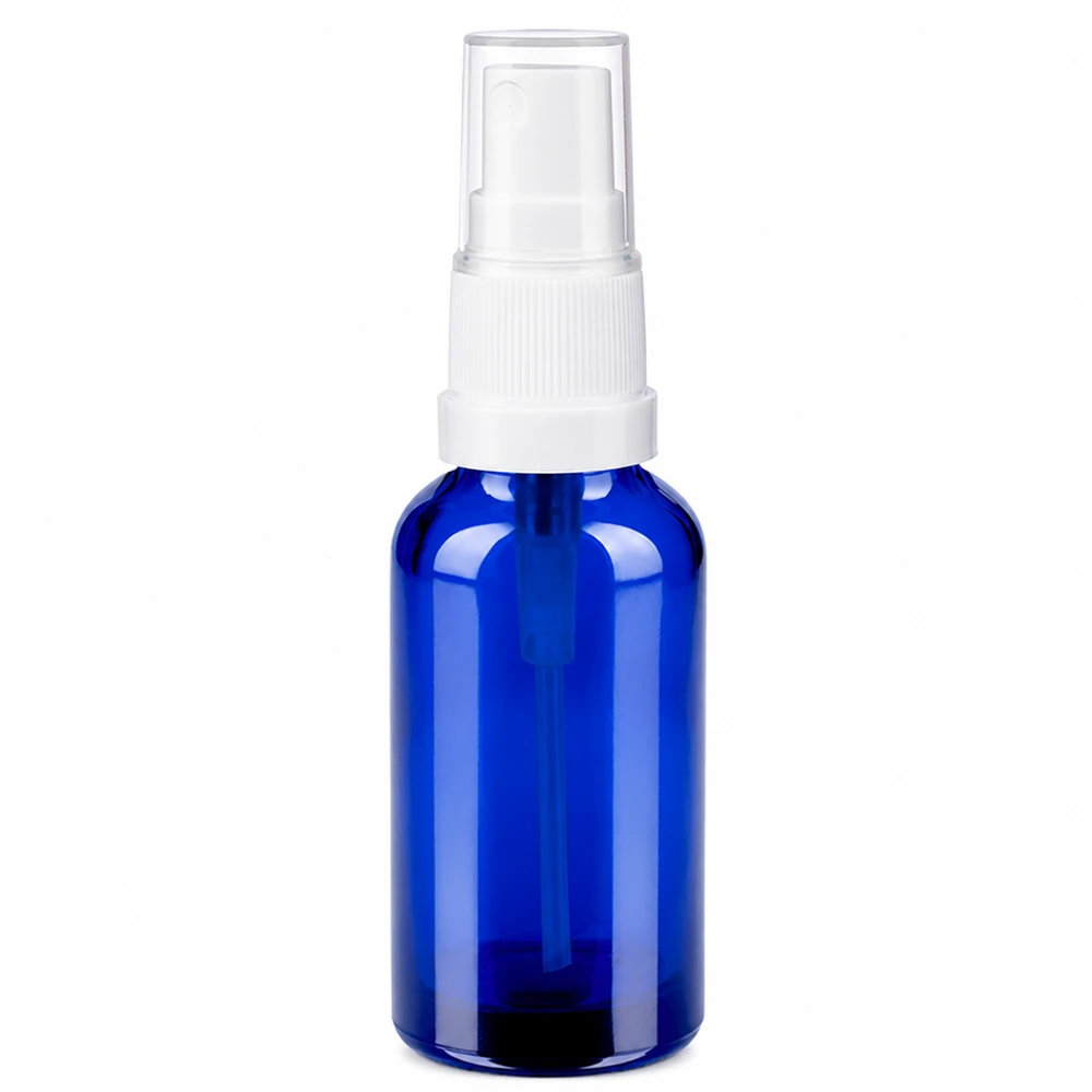 30ml lahvička s rozprašovačem bílá/transparentní standardní uzávěr BlueLine UT18/30 Kleine 30ml Pumpflasche mit Sprühaufsatz perfekt für Reise und Handtasche