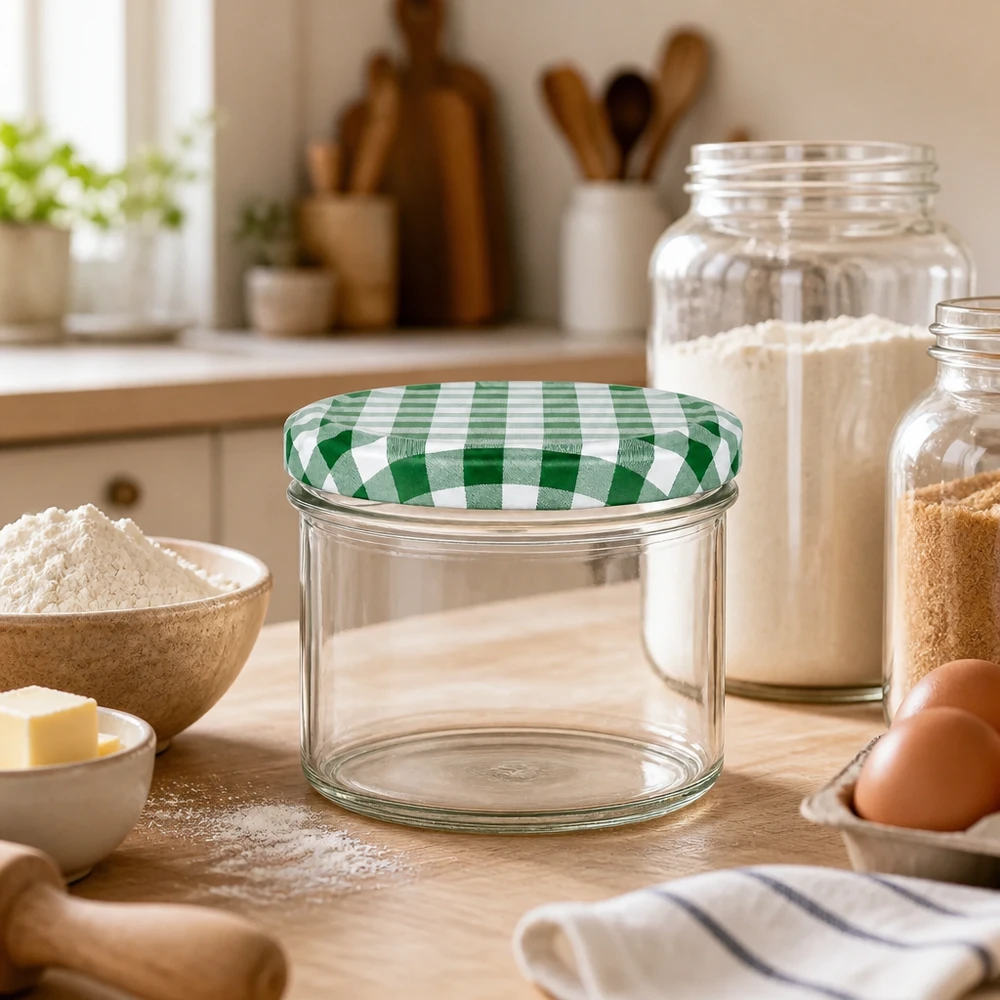 225ml kelímky + víčko BasicSeal zelená/bílá UNiTWIST. Leeres 225ml Sturzglas mit grün-weißem Karodeckel in Backküche zwischen Mehlschüssel und Vorratsgläsern