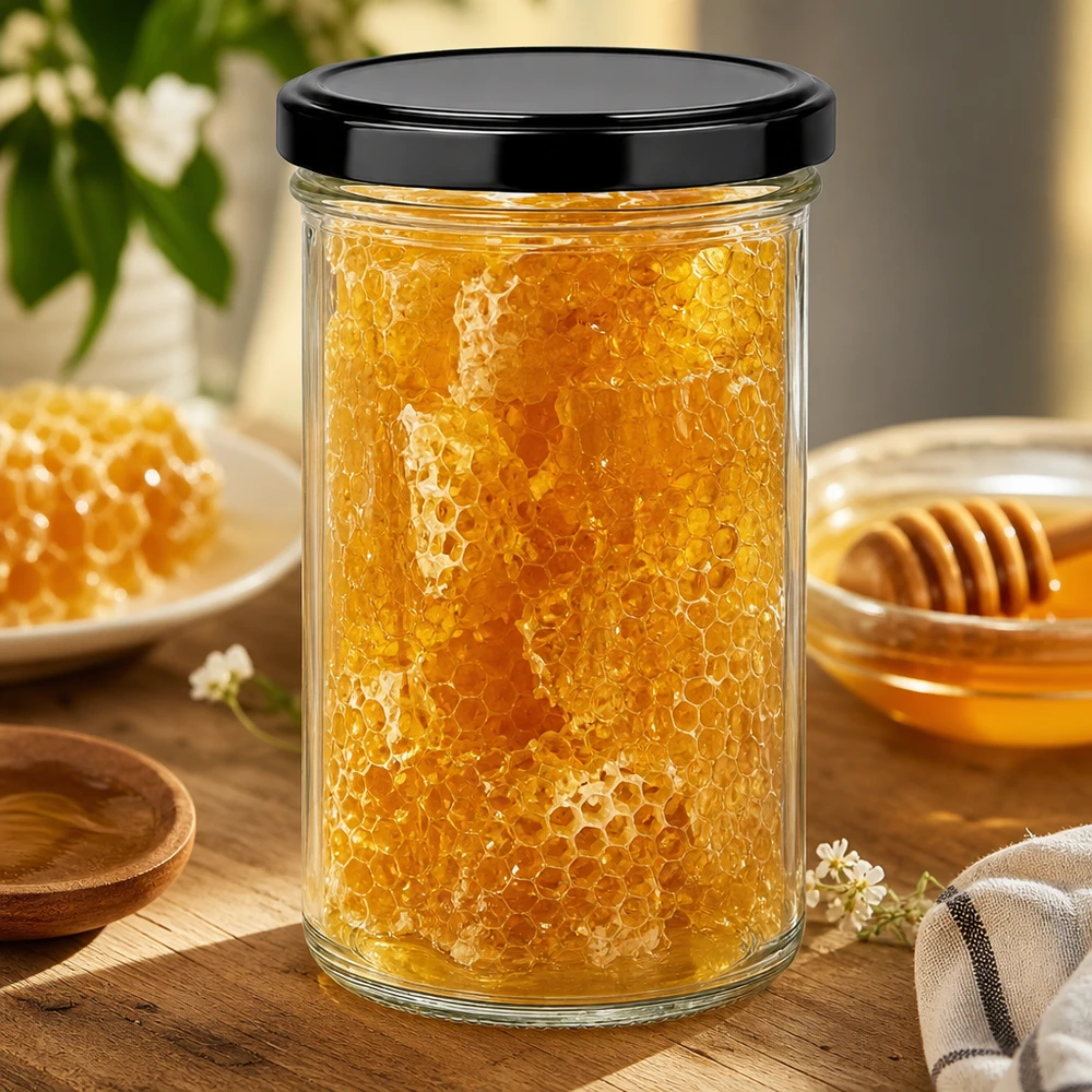 277ml kelímky s víčkem BasicSeal černé UNiTWIST 277ml Sturzglas mit Honigwaben gefüllt zeigt praktische Verwendung als Vorratsglas für Naturprodukte