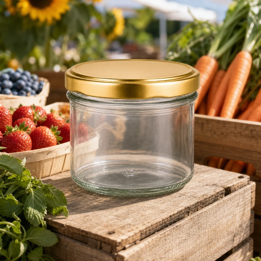 225ml Sturzglas UNiTWIST BasicSeal gold leer auf Holzkiste zwischen frischen Erdbeeren Karotten und Blaubeeren im Garten
